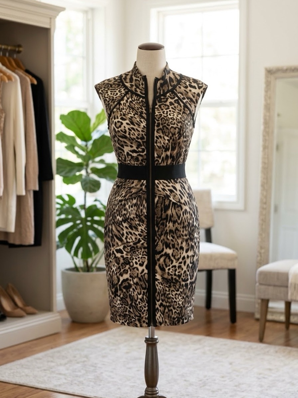 bebe Leopard Print Mini Dress with Black Trim